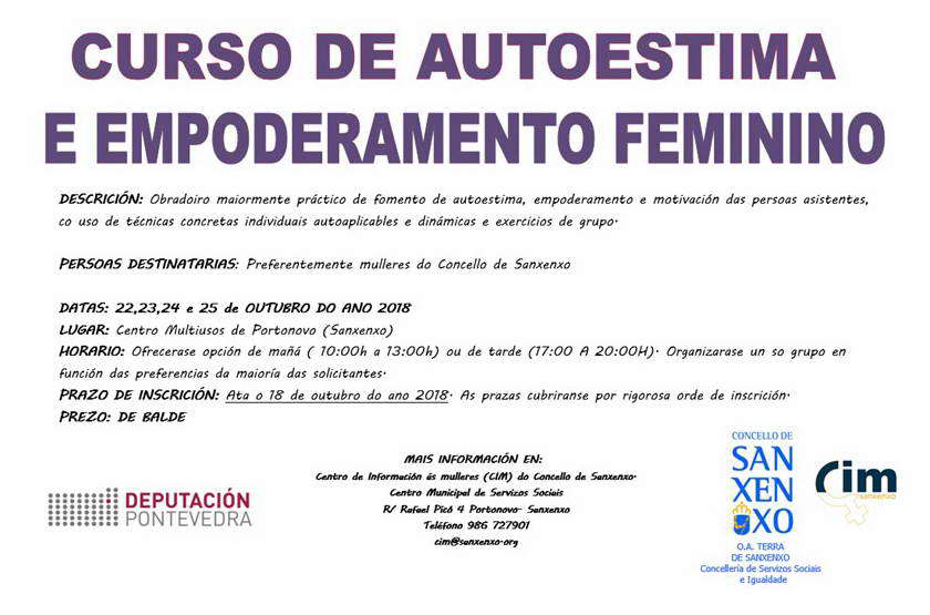 Aínda quedan prazas para o curso e o obradoiro de autoestima e empoderamento feminino