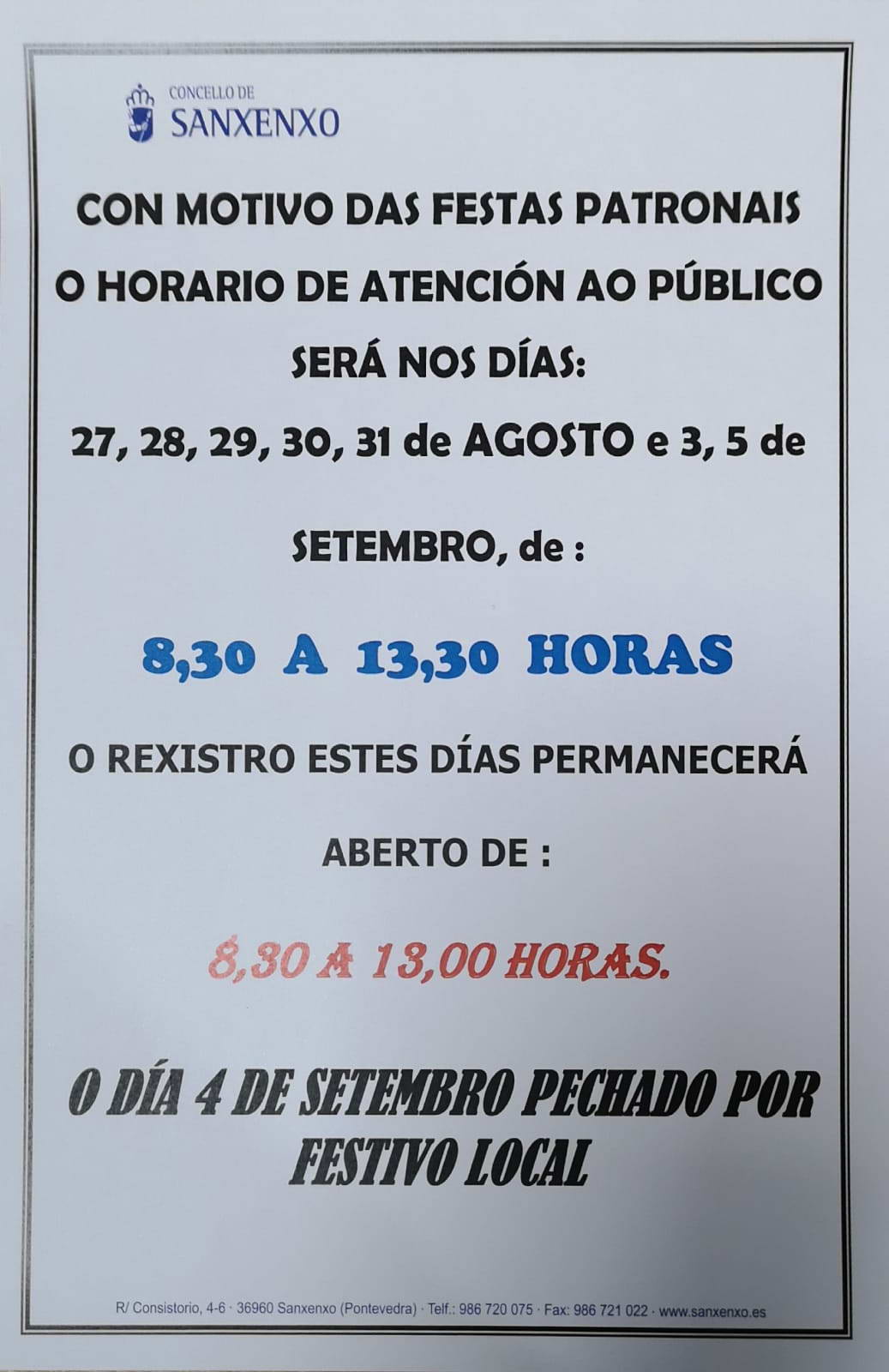 HORARIO DURANTE AS FESTAS PATRONAIS 