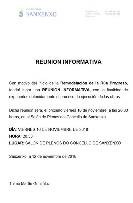  O vindeiro venres terá lugar unha reunión informativa sobre a Rúa Progreso