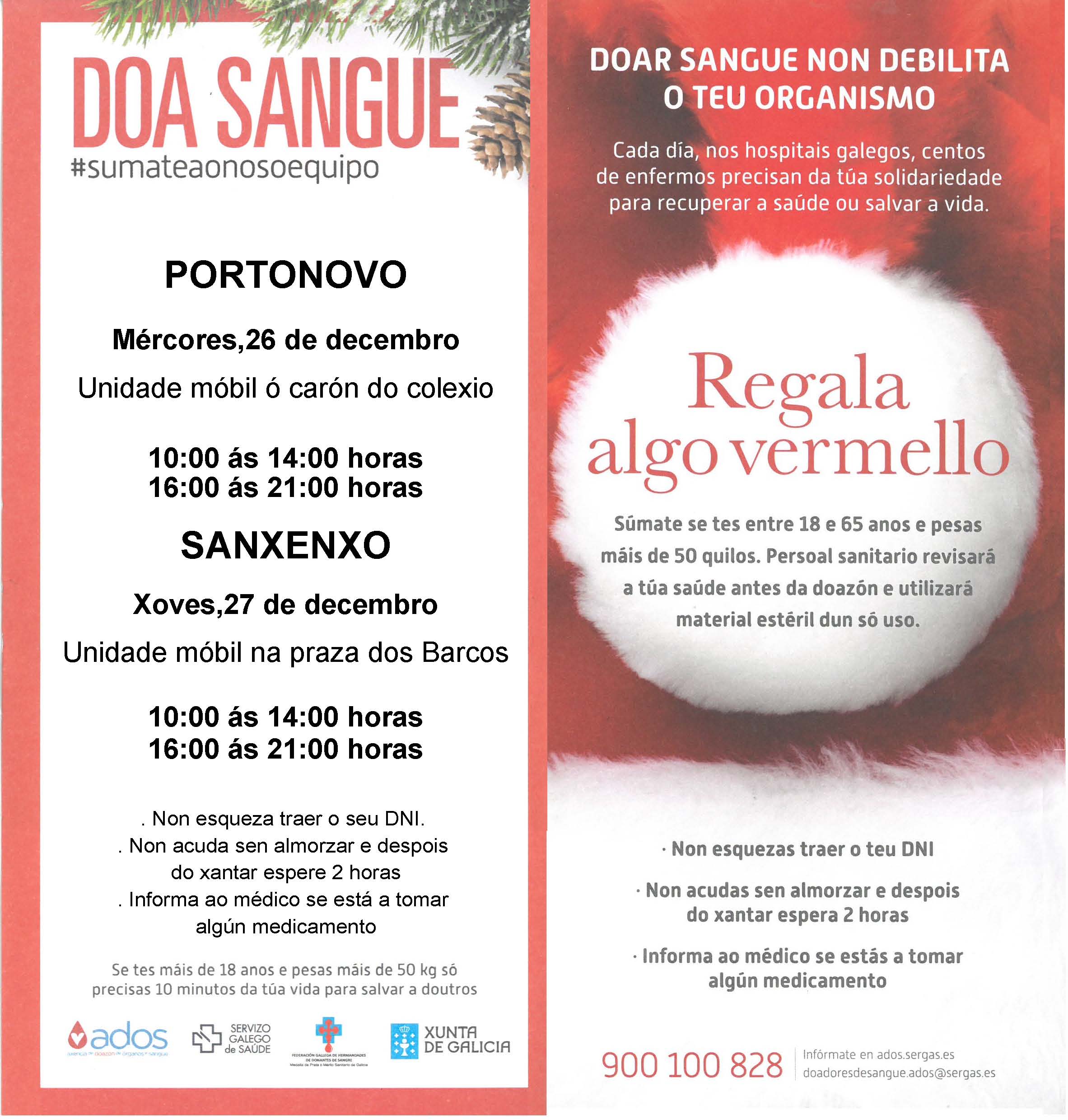 A unidade móbil de doazón de sangue estará en Portonovo e Sanxenxo os días 26 e 27 de decembro