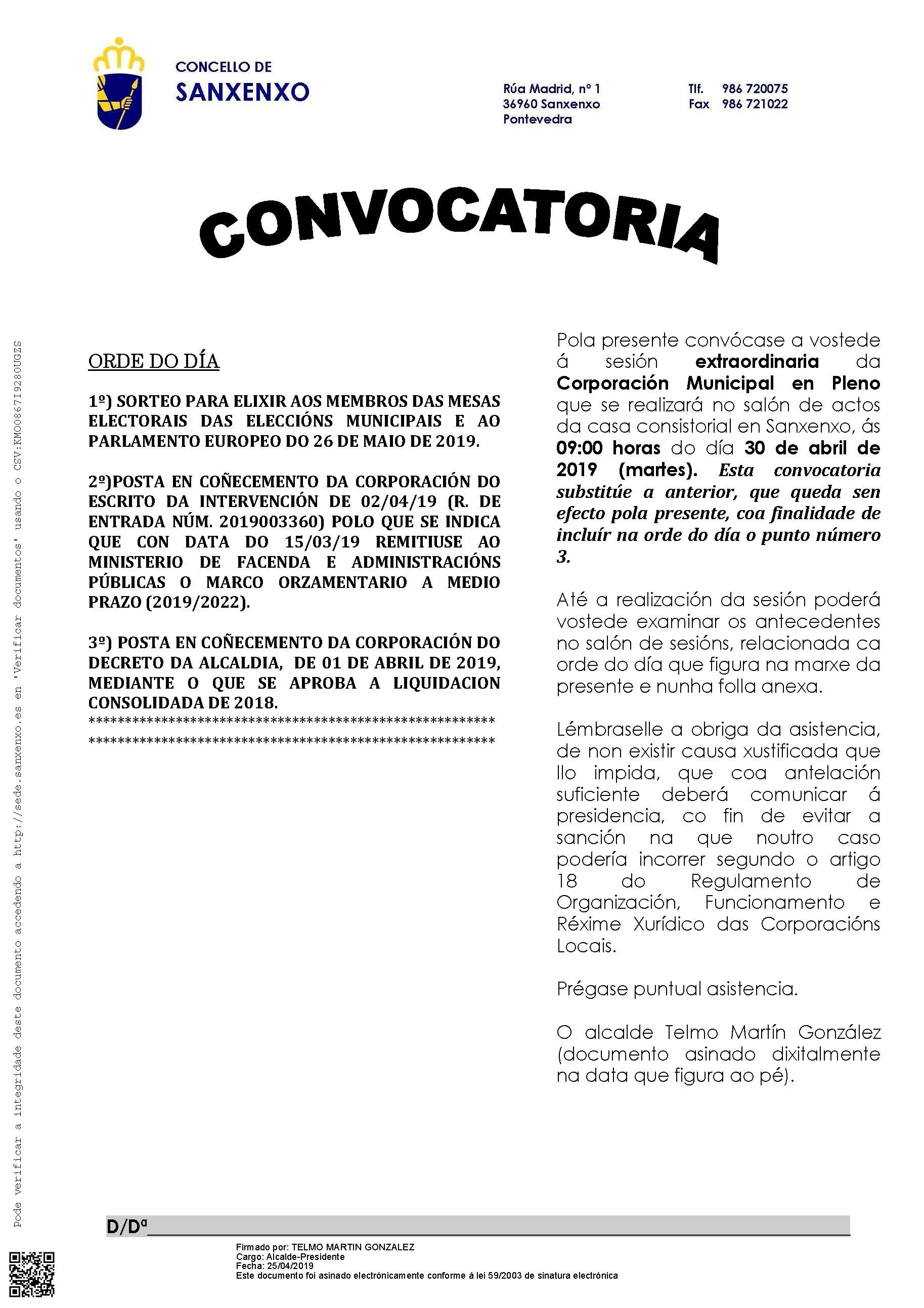 CONVOCATORIA PLENO EXTRAORDINARIO MARTES 30 DE ABRIL