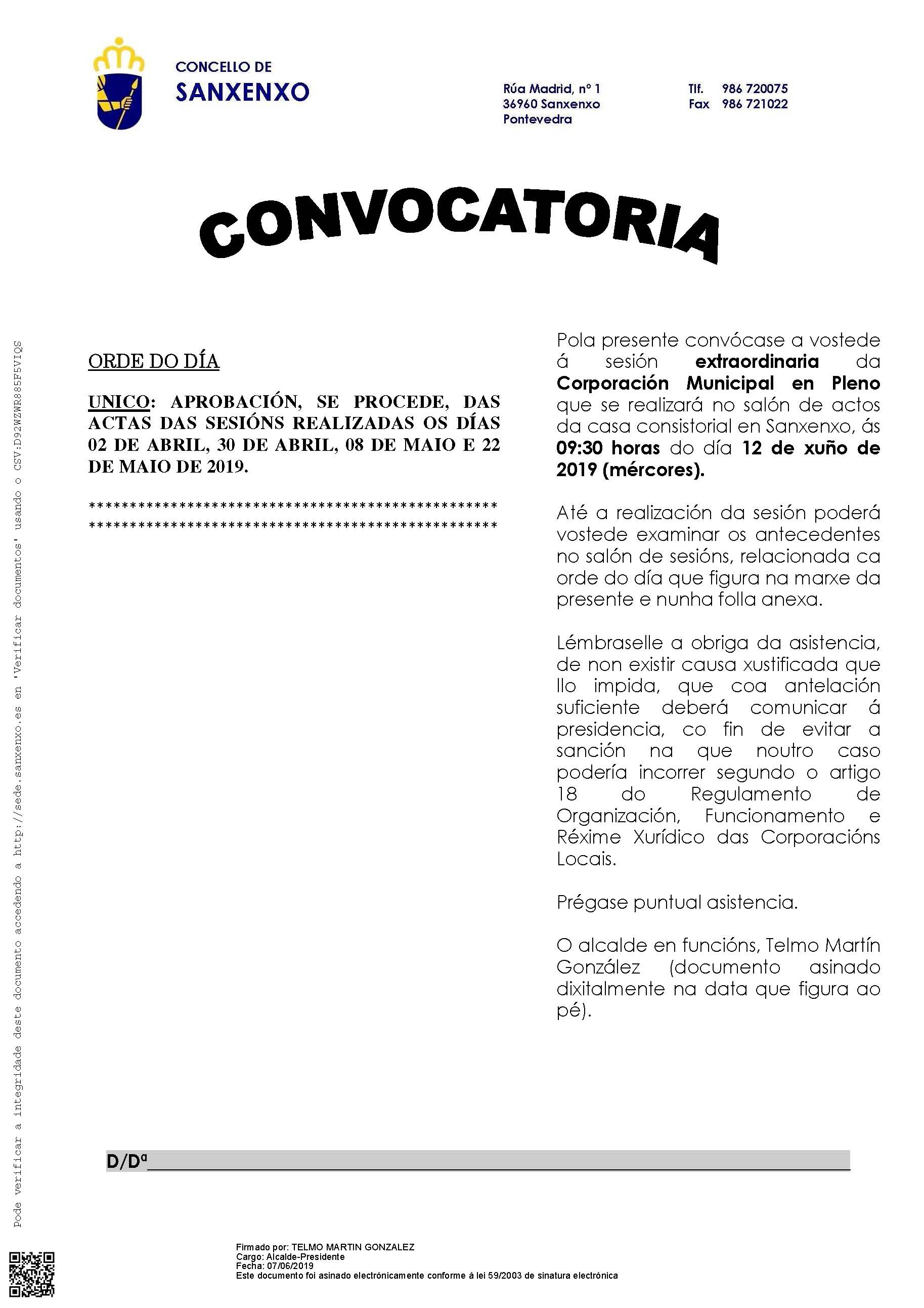 CONVOCATORIA PLENO EXTRAORDINARIO 12 XUÑO 2019