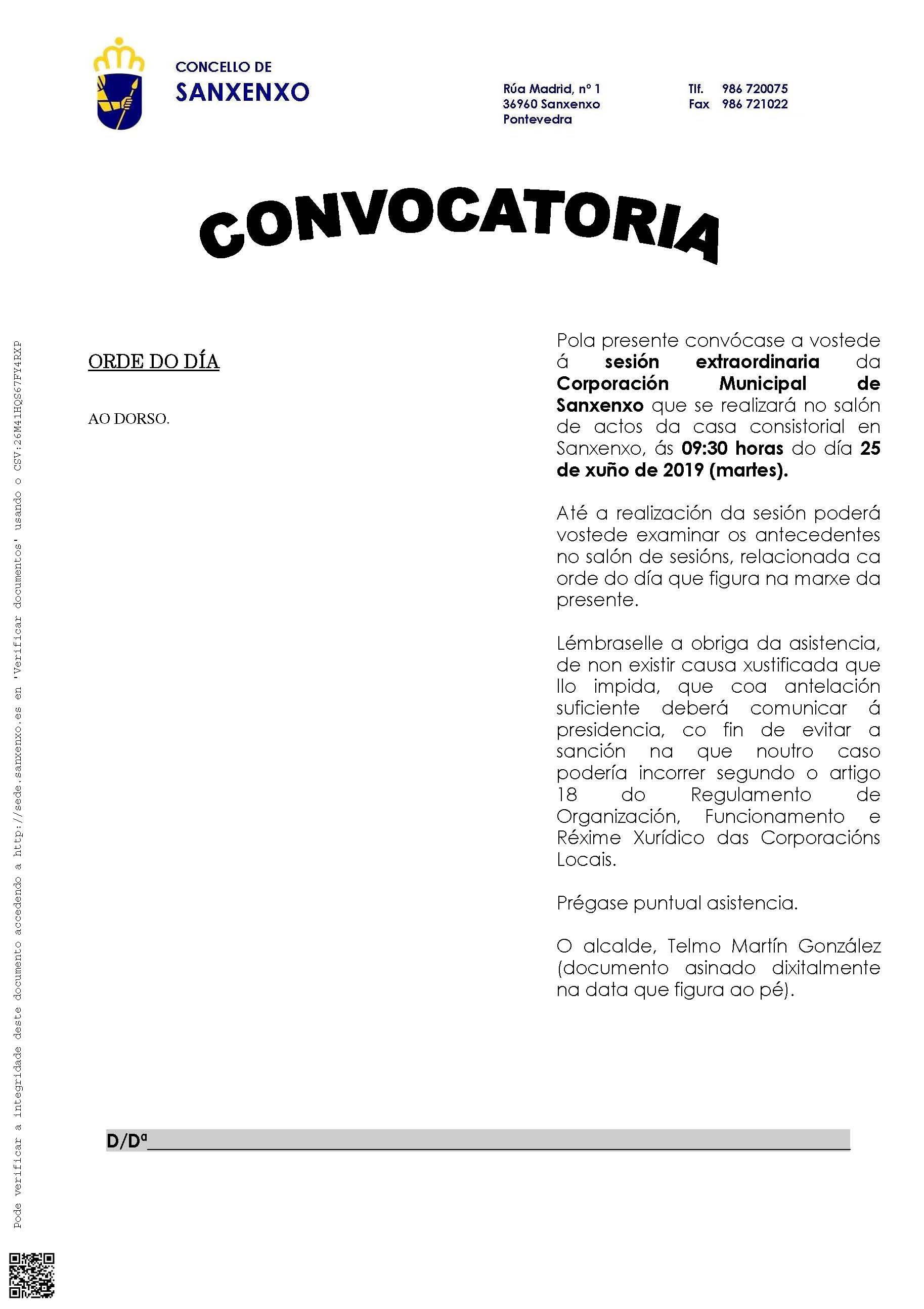 CONVOCATORIA PLENO EXTRAORDINARIO 25 DE XUÑO DE 2019