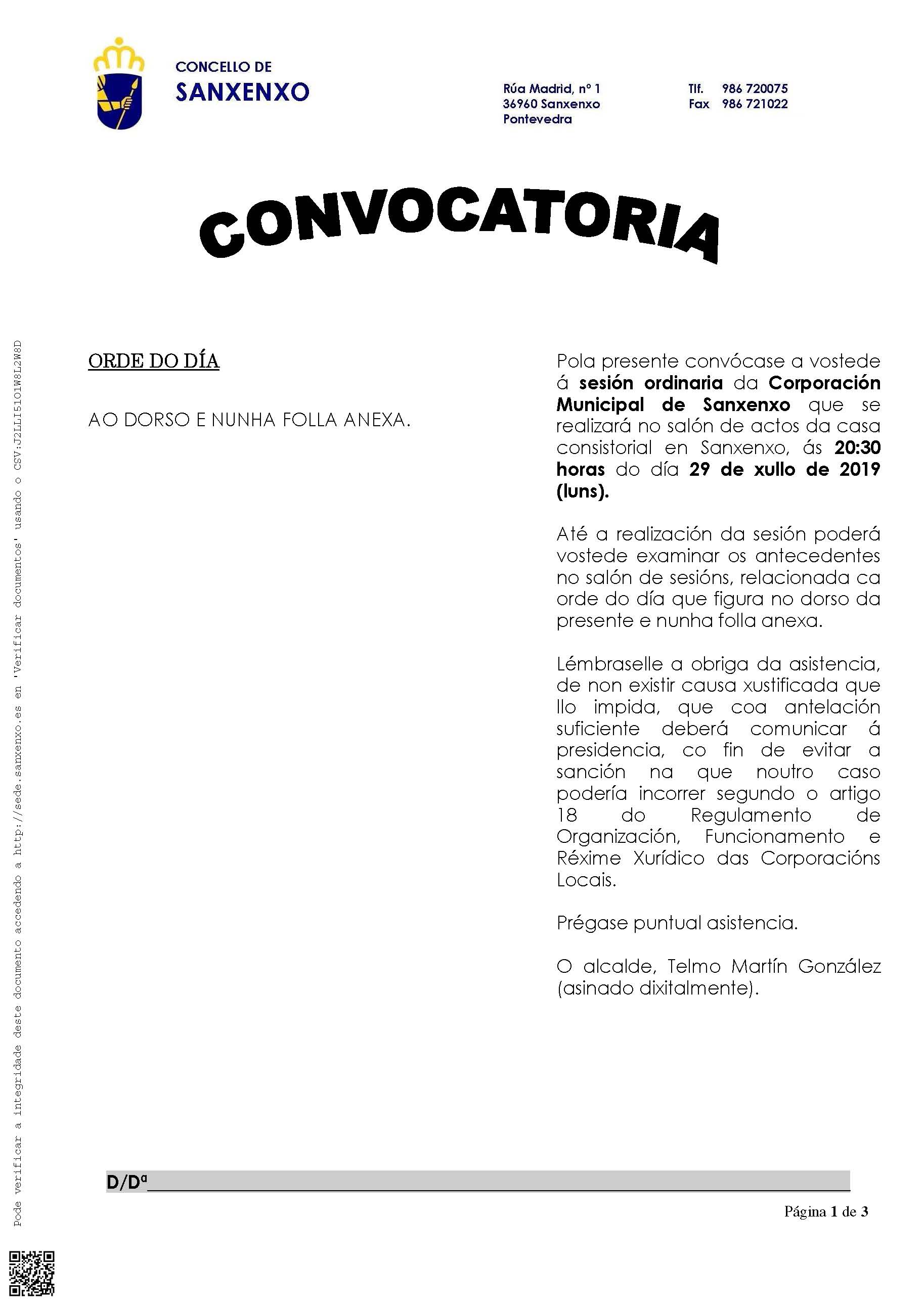 Convocatoria Pleno Ordinario 29 de xullo de 2019 ás 20:30 horas