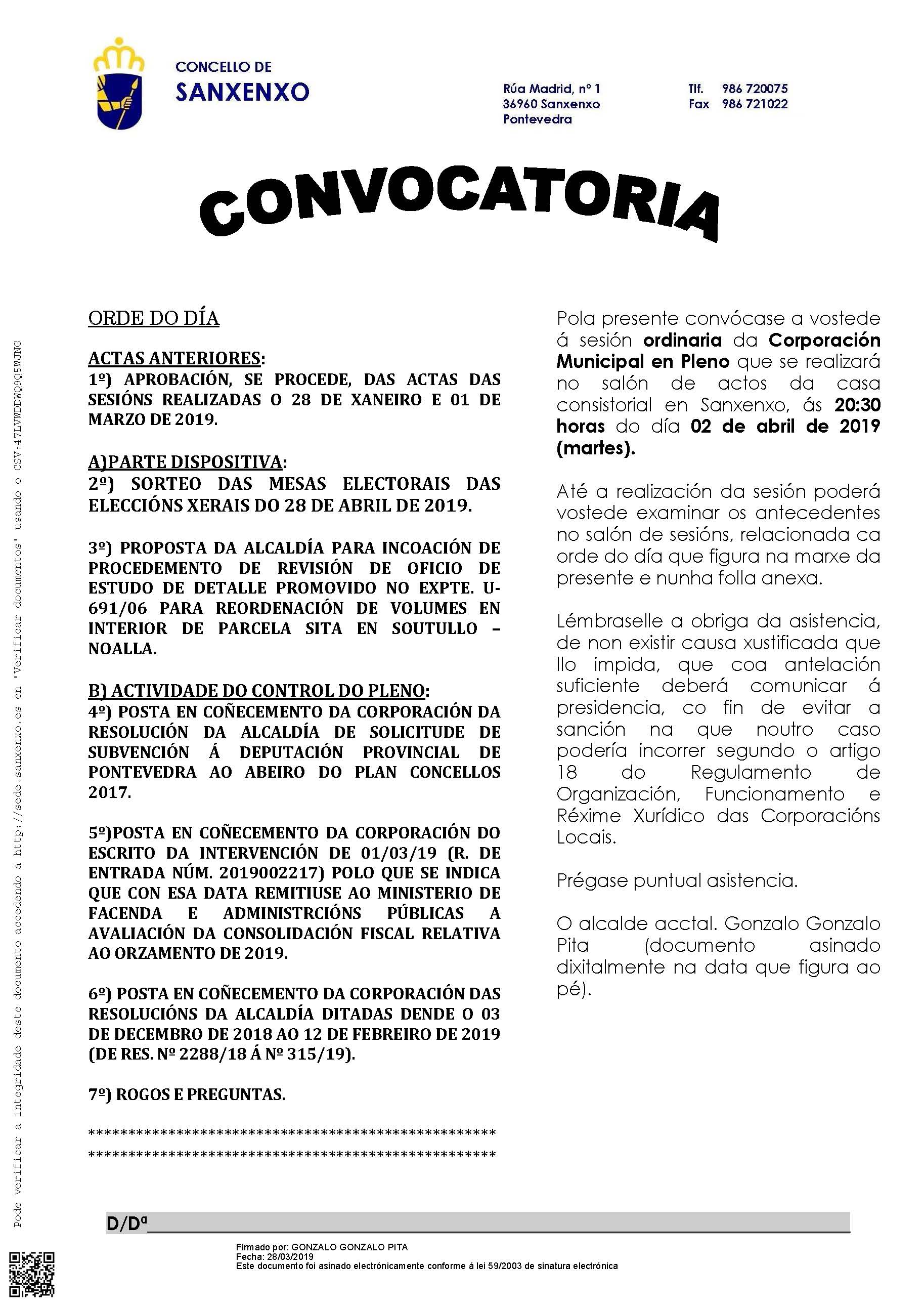 Convocatoria Pleno Ordinario 2 de Abril