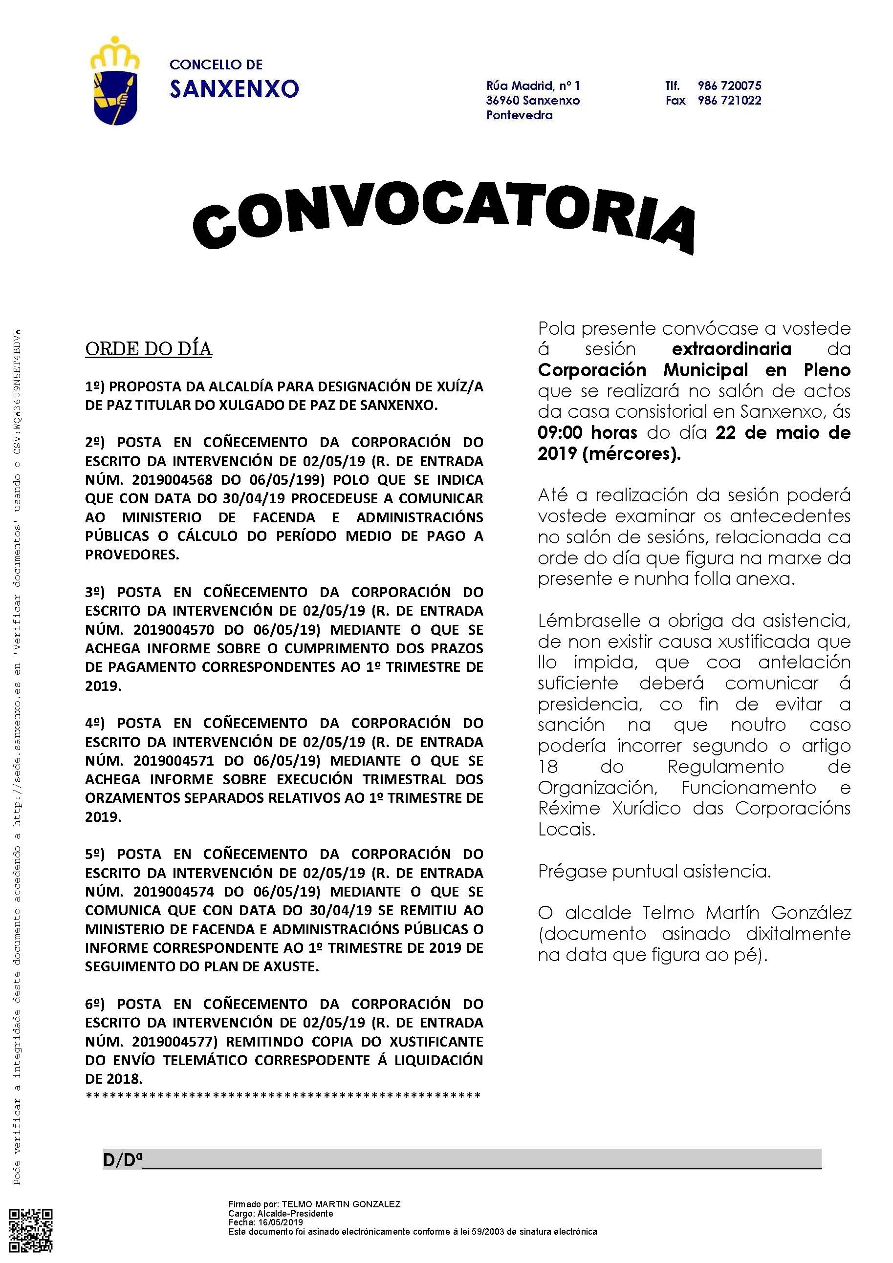 CONVOCATORIA PLENO EXTRAORDINARIO 22 DE MAIO