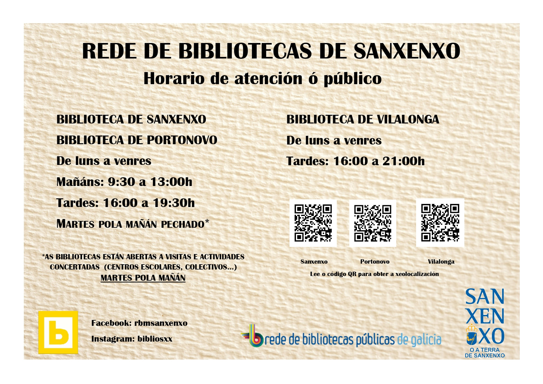 LA RED DE BIBLIOTECAS DE SANXENXO RECUPERA SU HORARIO DE INVIERNO.