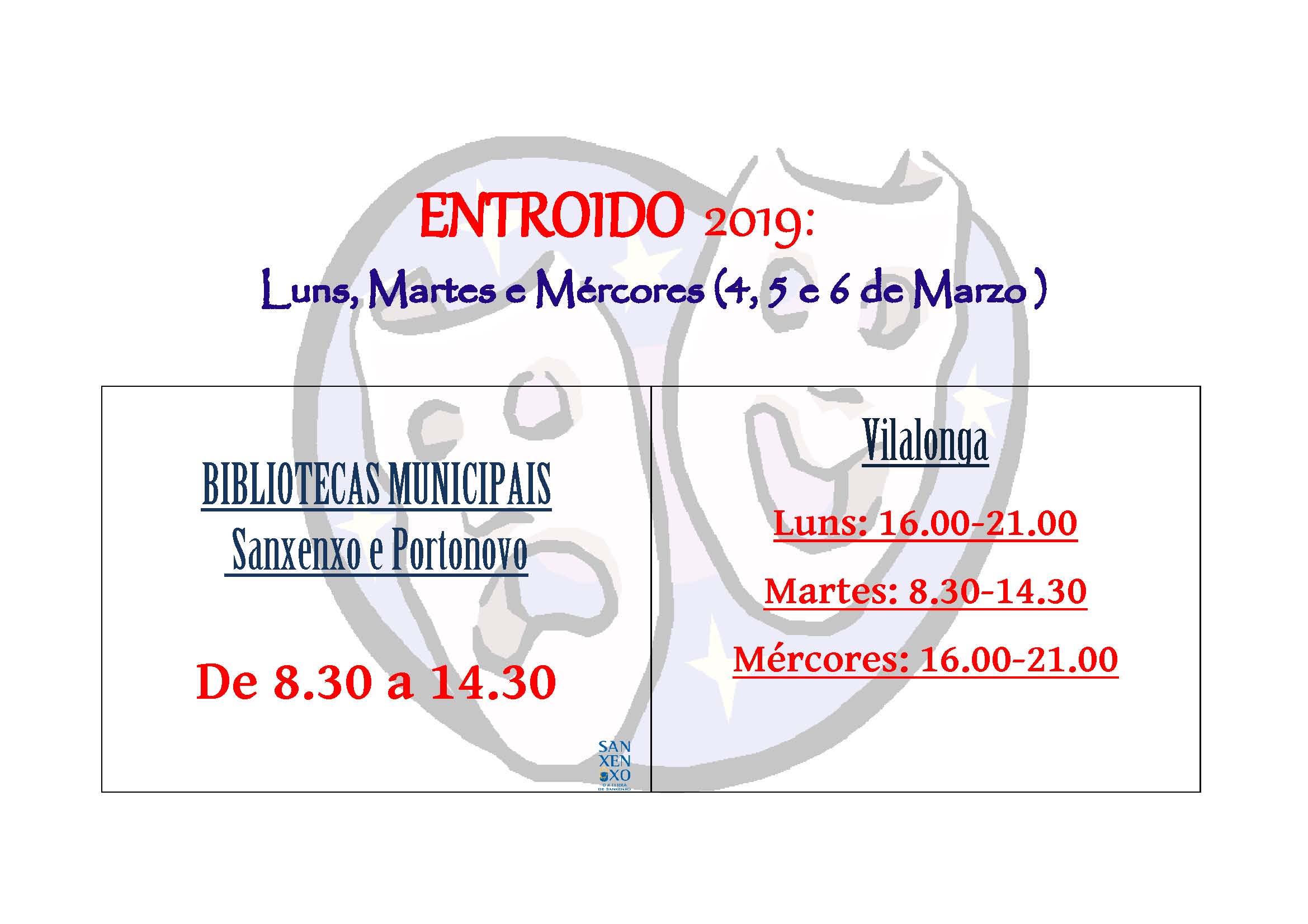 Horarios das bibliotecas municipais no Entroido