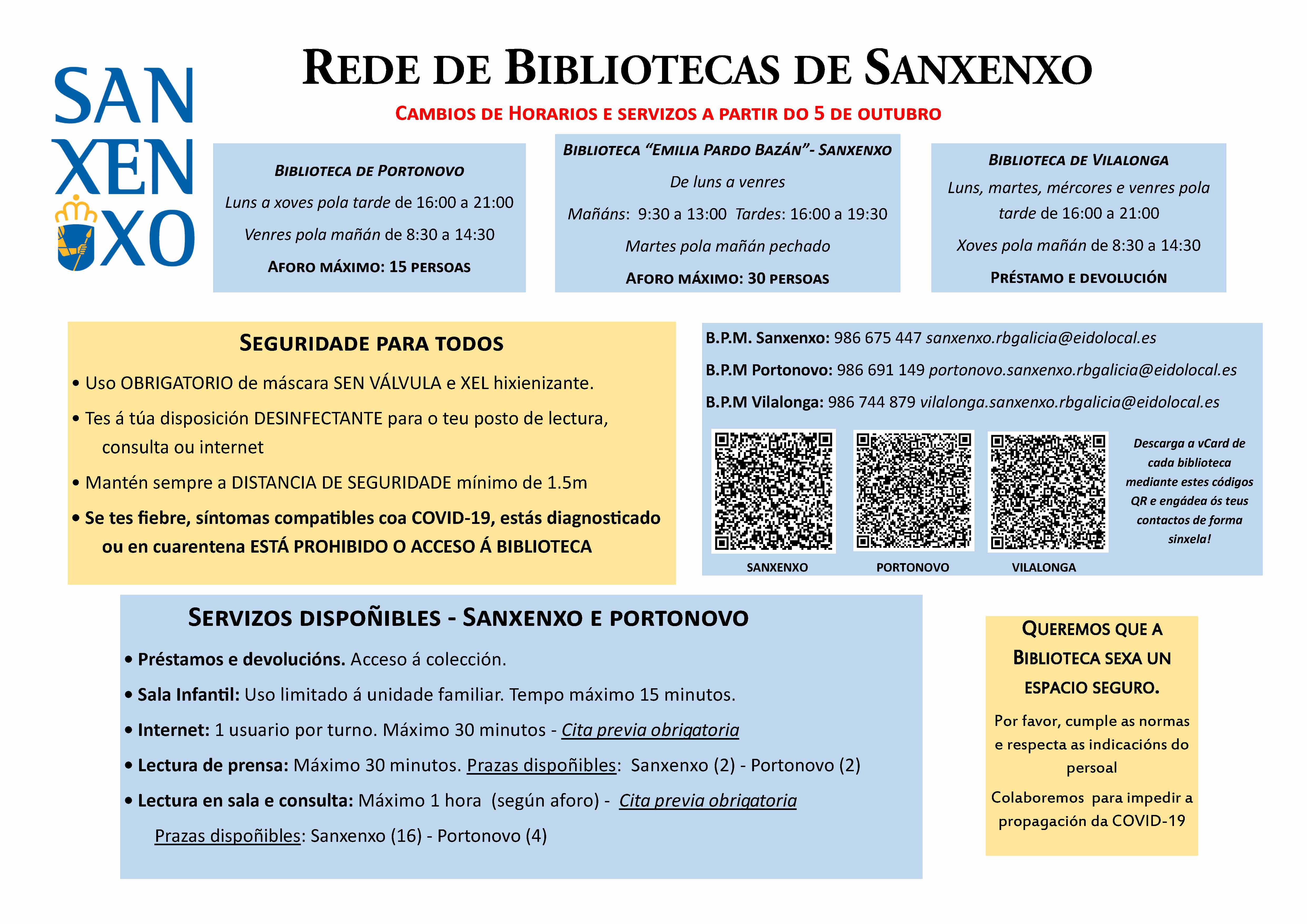 LAS BIBLIOTECAS DE SANXENXO REABREN EL LUNES PARA LECTURA CON NUEVOS HORARIOS Y PROTOCOLO DE SEGURIDAD