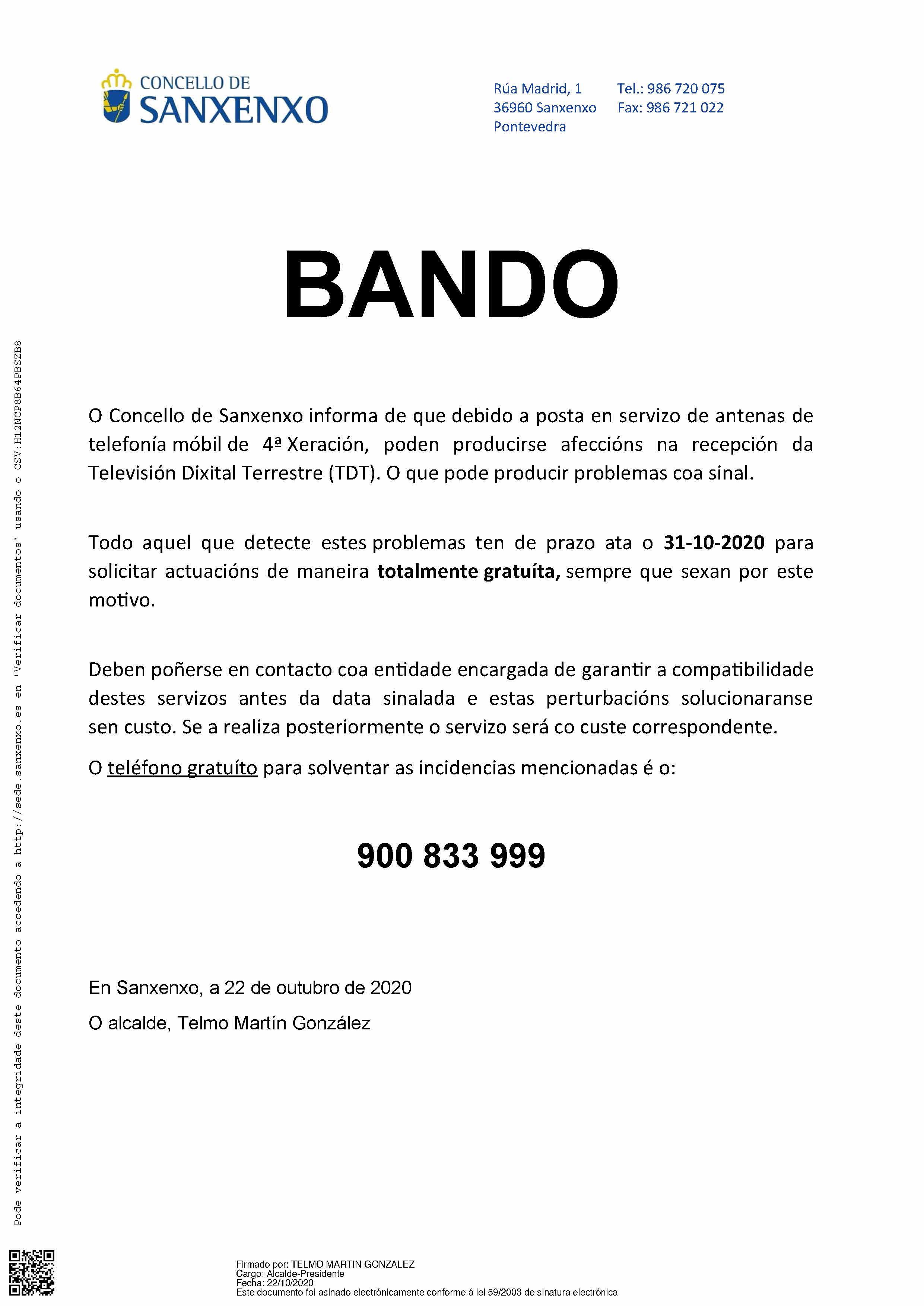 BANDO. AFECCIÓNS NA RECEPCIÓN DA TELEVISIÓN DIXITAL TERRESTRE (TDT)