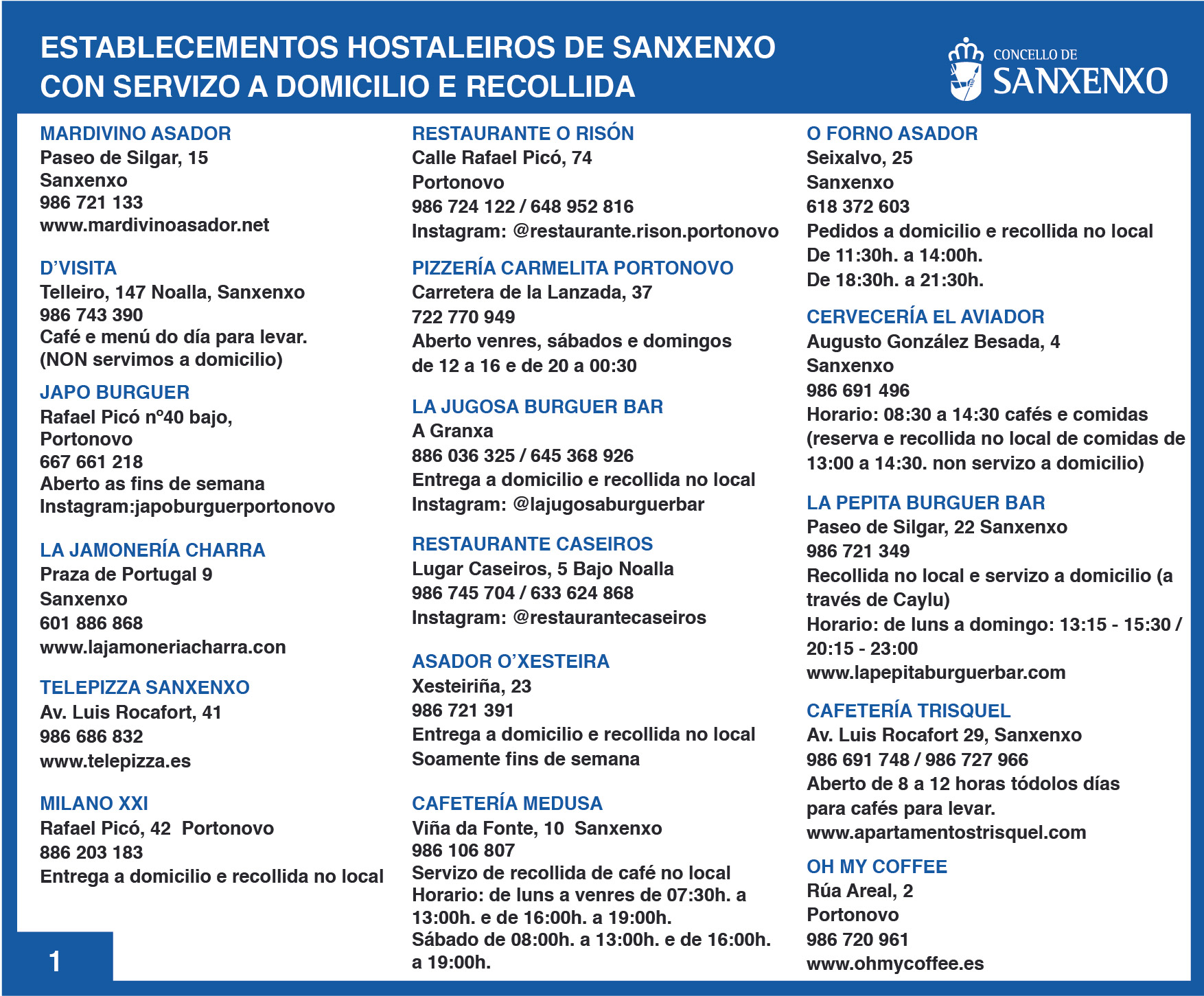 ESTABLECEMENTOS HOSTALEIROS DE SANXENXO CON SERVIZO A DOMICILIO E RECOLLIDA