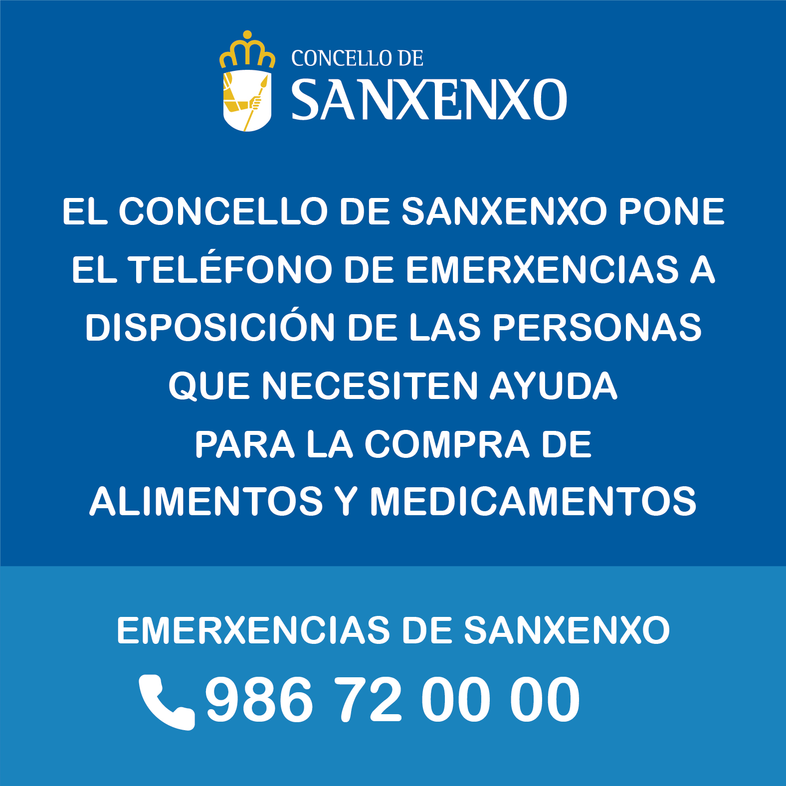 EL CONCELLO DE SANXENXO PONE EL TELÉFONO DE EMERXENCIAS A DISPOSICIÓN DE LAS PERSONAS QUE NECESITEN AYUDA PARA LA COMPRA DE ALIMENTOS Y MEDICAMENTOS