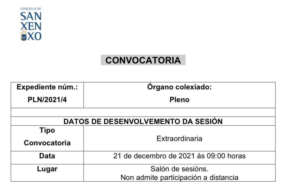 CONVOCATORIA SESIÓN EXTRAORDINARIA DO 21 DE DECEMBRO DE 2021