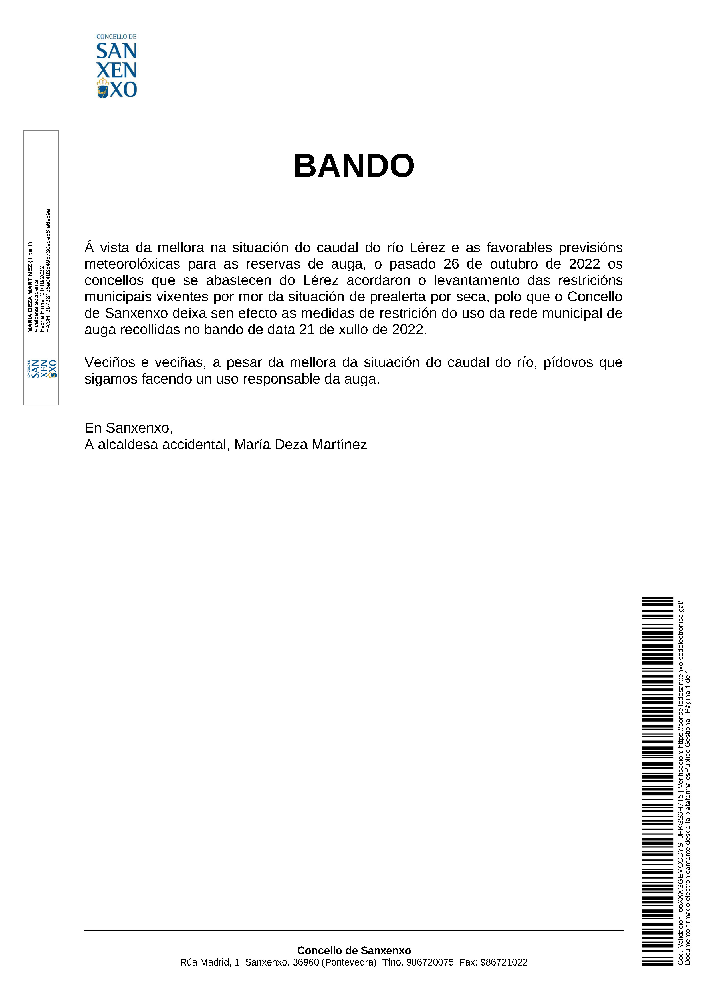BANDO LEVANTAMENTO DAS MEDIDAS DE RESTRICIÓNS DO USO DA REDE MUNICIPAL DE AUGA