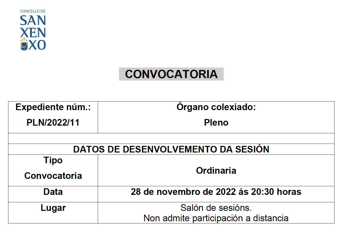 CONVOCATORIA PLENO 28 NOVEMBRO