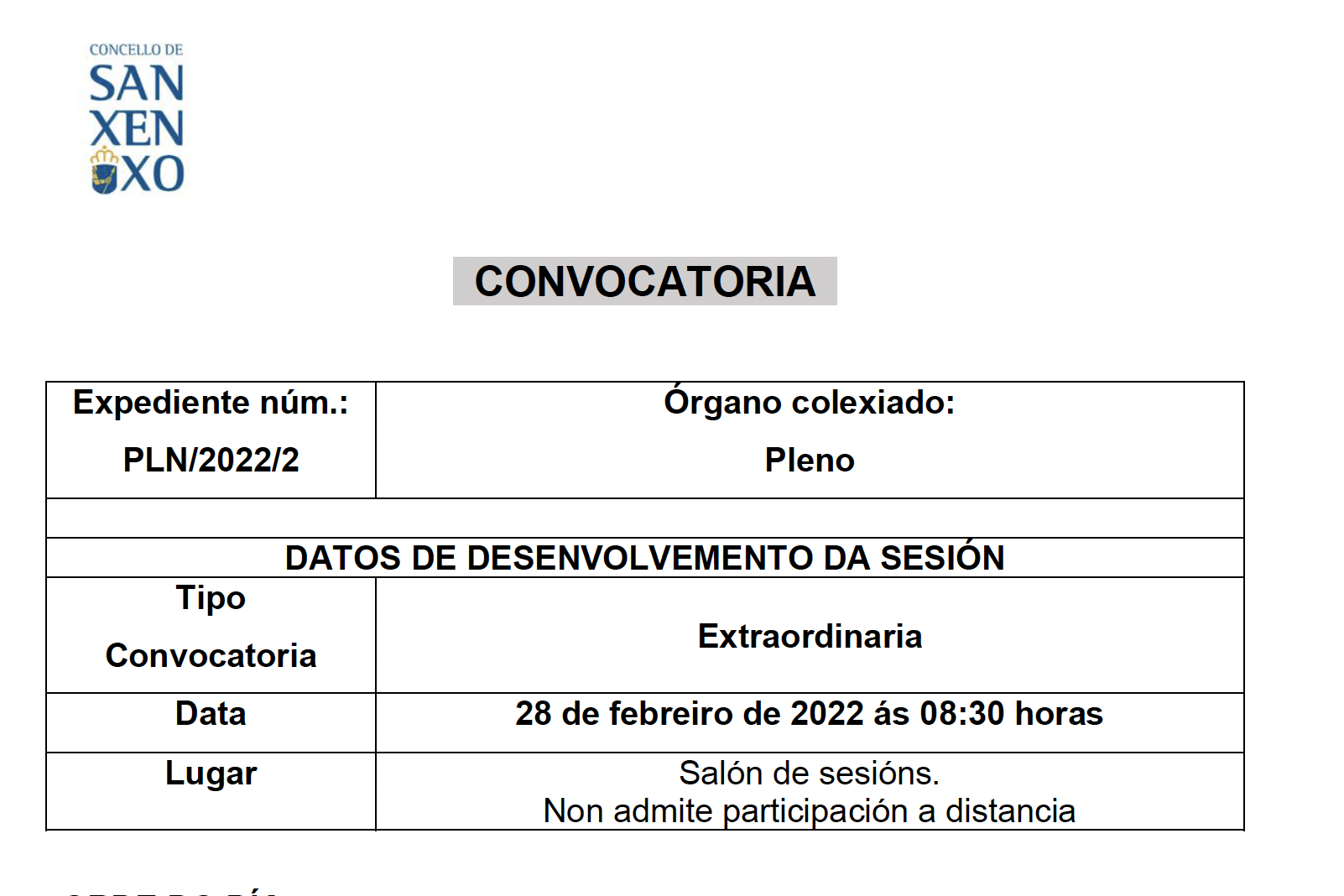 CONVOCATORIA SESIÓN EXTRAORDINARIA DO 28 DE FEBREIRO DE 2022	