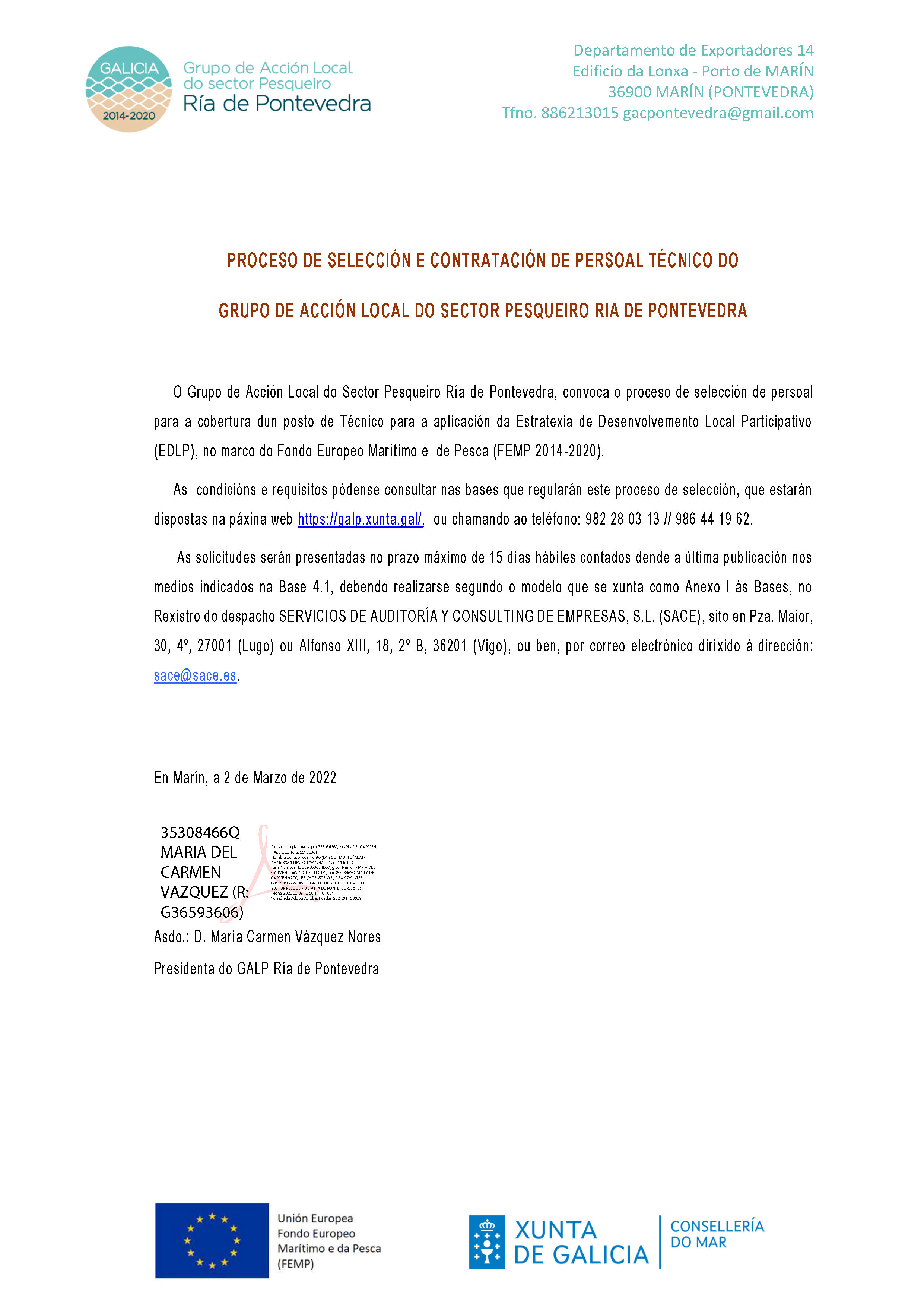 PROCESO DE SELECCIÓN E CONTRATACIÓN DE PERSOAL TÉCNICO DO GRUPO DE ACCIÓN LOCAL DO SECTOR PESQUEIRO RÍA DE PONTEVEDRA