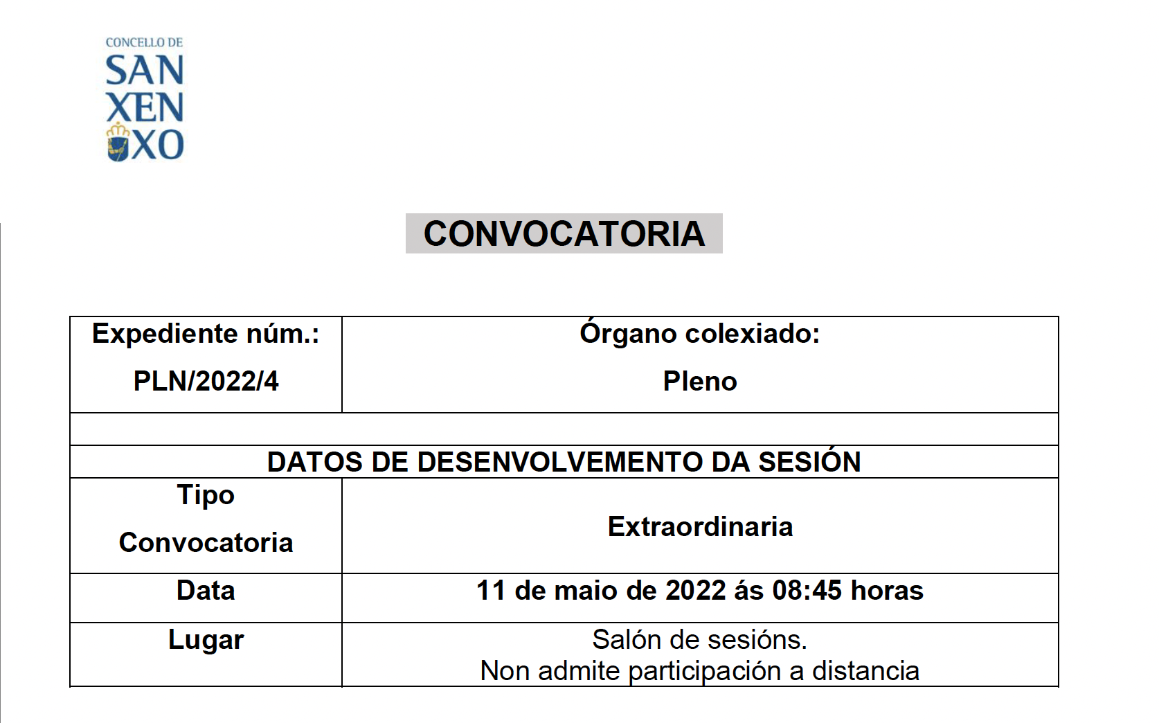 CONVOCATORIA SESIÓN EXTRAORDINARIA DO 11 DE MAIO DE 2022	