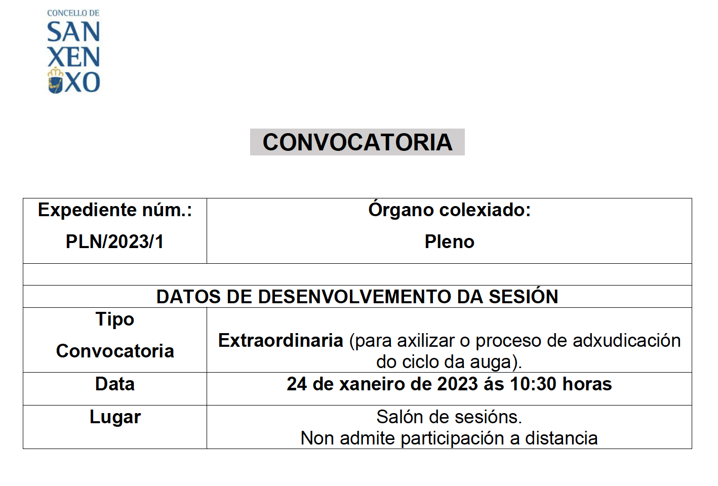 CONVOCATORIA SESIÓN EXTRAORDINARIA DO 24 DE XANEIRO DE 2023