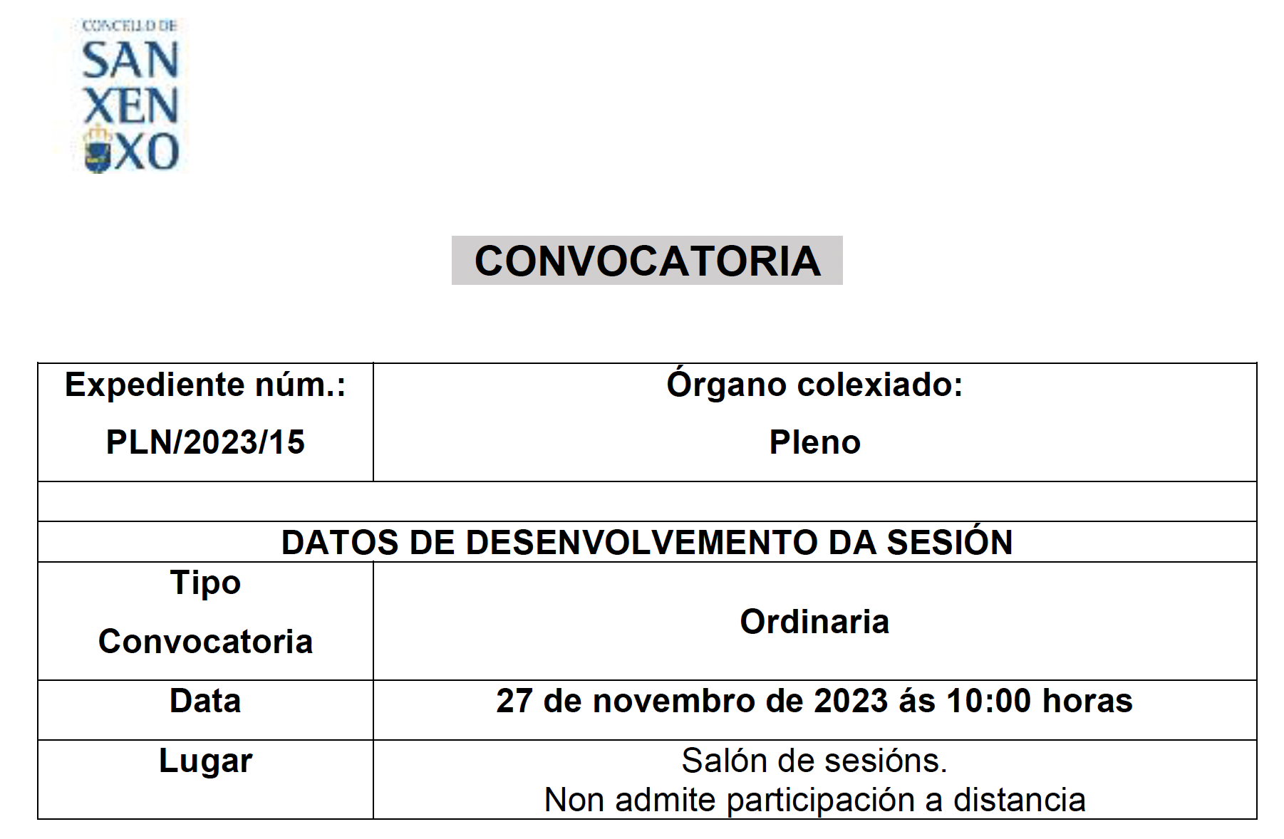 CONVOCATORIA SESIÓN ORDINARIA DO 27 DE NOVEMBRO DE 2023