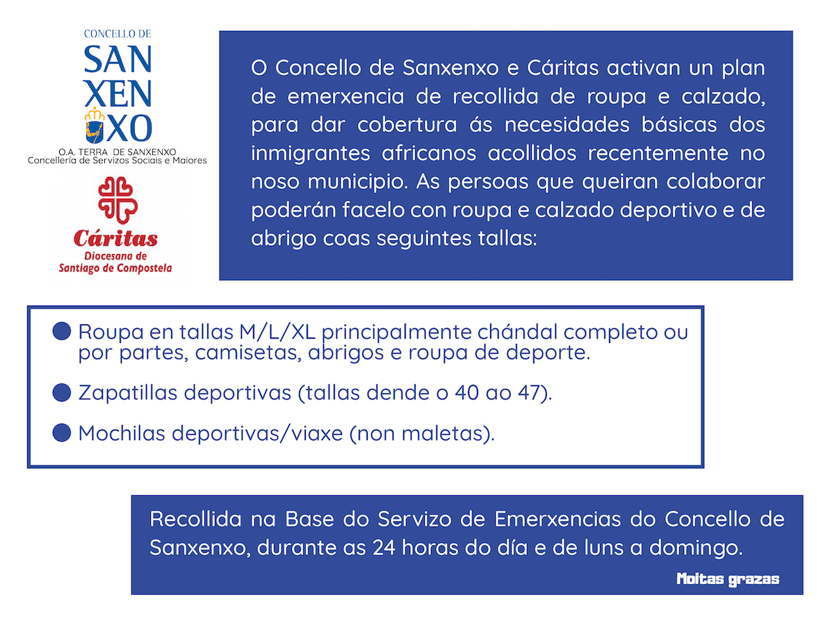 CONCELLO E CÁRITAS ACTIVAN UN PLAN DE RECOLLIDA DE ROUPA E CALZADO PARA OS INMIGRANTES ACOLLIDOS EN SANXENXO