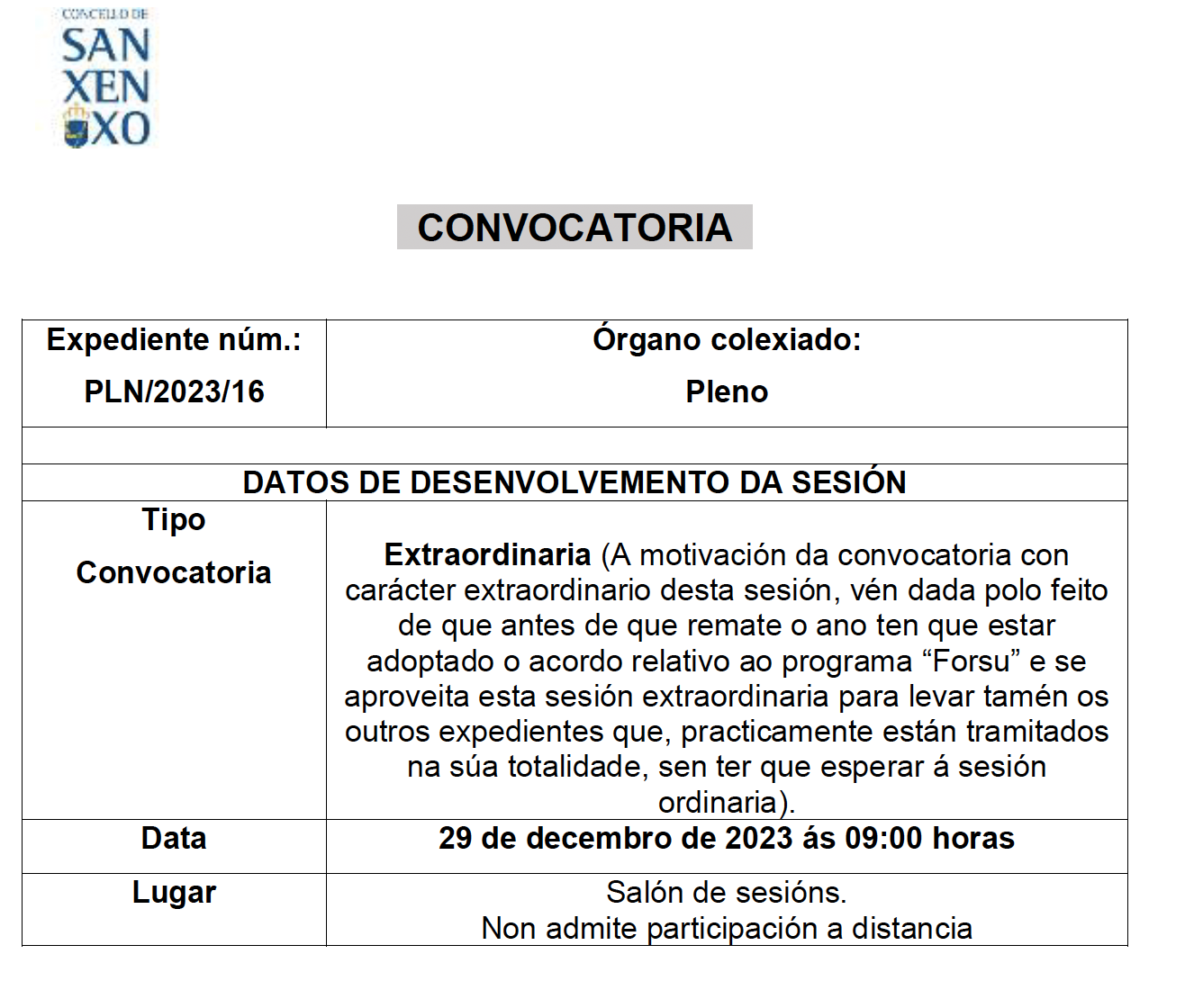 CONVOCATORIA SESIÓN EXTRAORDINARIA DO 29 DE DECEMBRO DE 2023