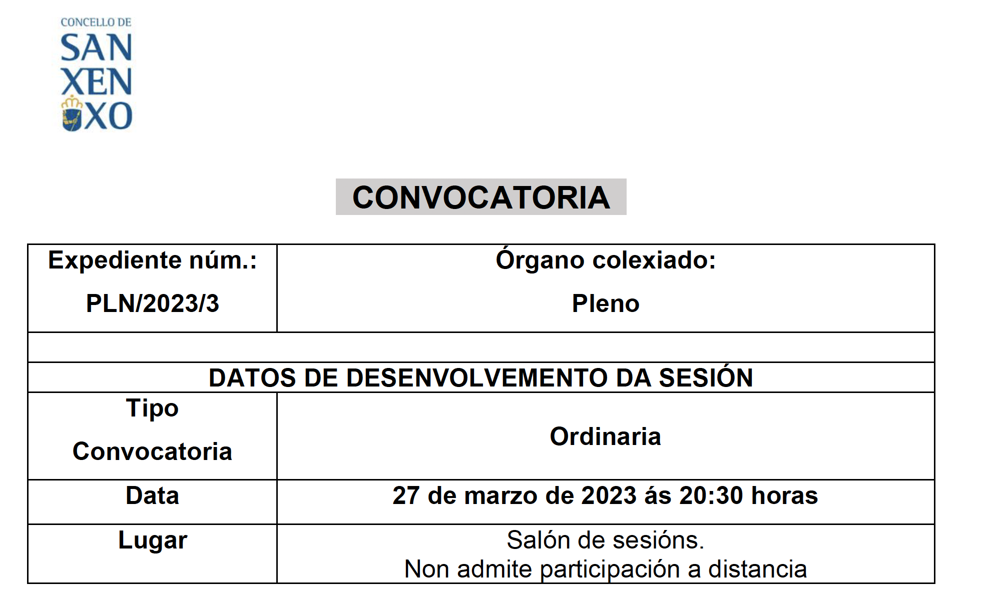 CONVOCATORIA SESIÓN ORDINARIA DO 27 DE MARZO DE 2023