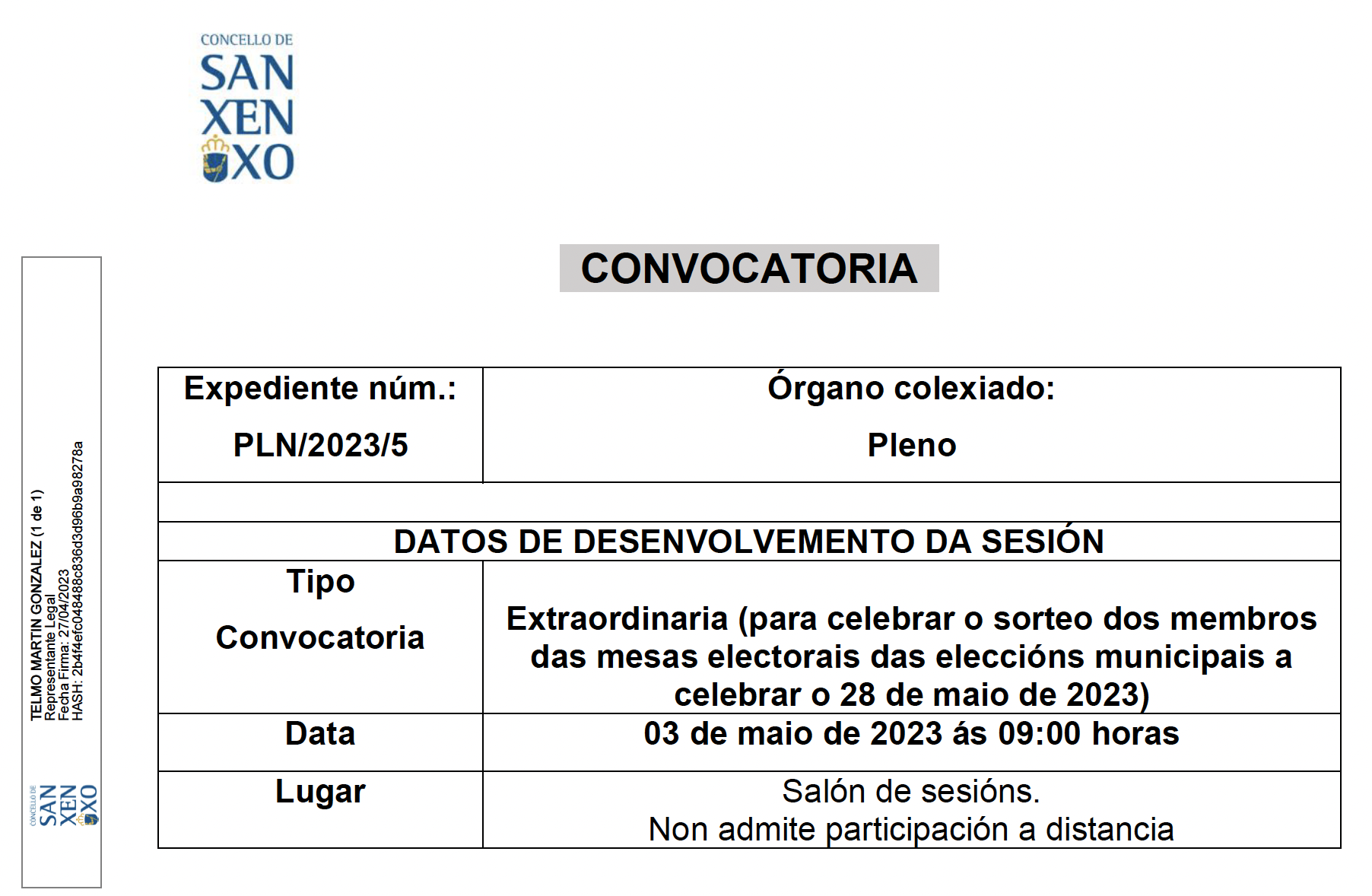 CONVOCATORIA SESIÓN EXTRAORDINARIA DO 3 DE MAIO DE 2023