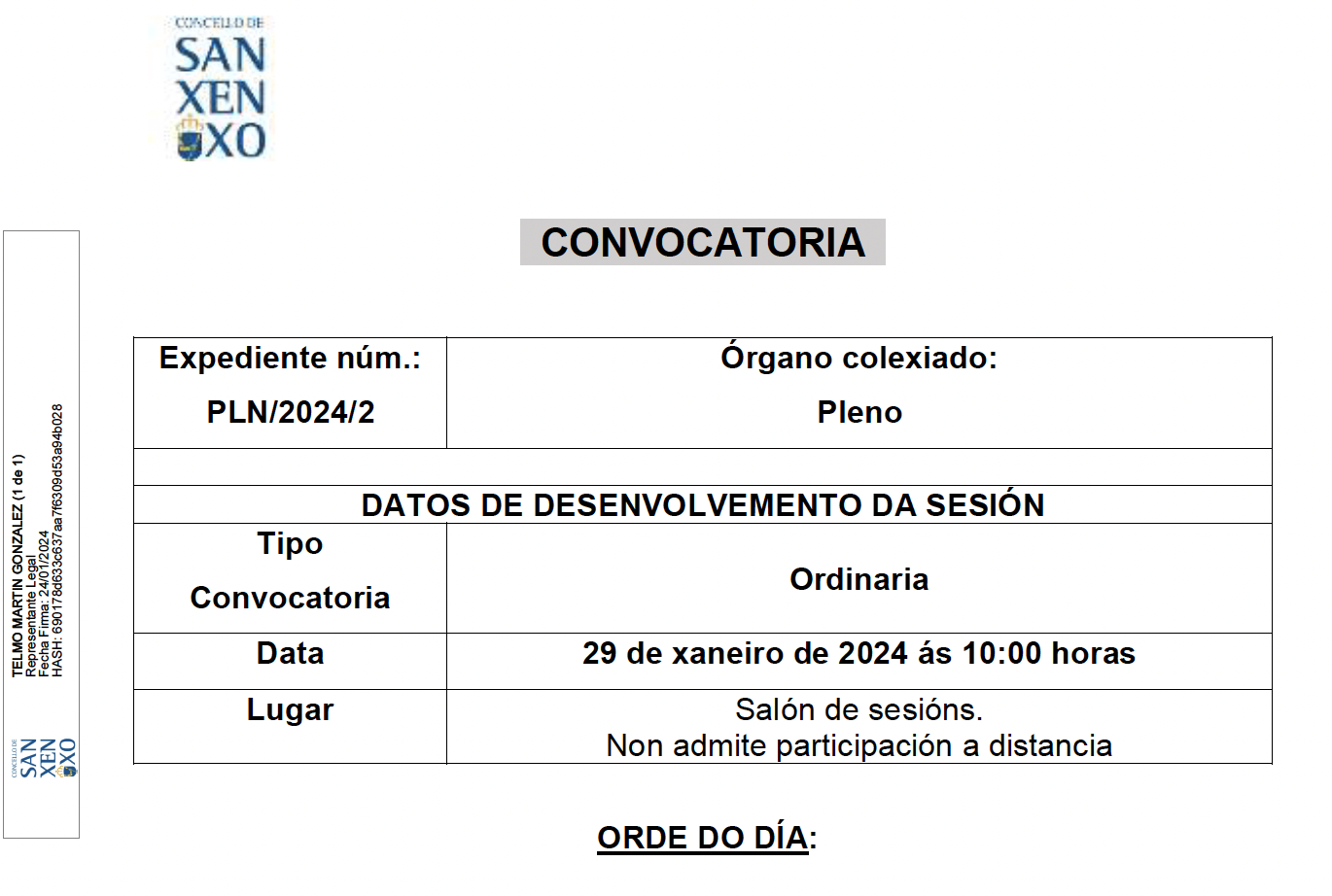 CONVOCATORIA SESIÓN ORDINARIA DO 29 DE XANEIRO DE 2024