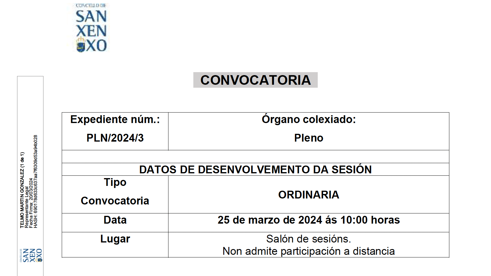 CONVOCATORIA SESIÓN ORDINARIA DO 25 DE MARZO DE 2024