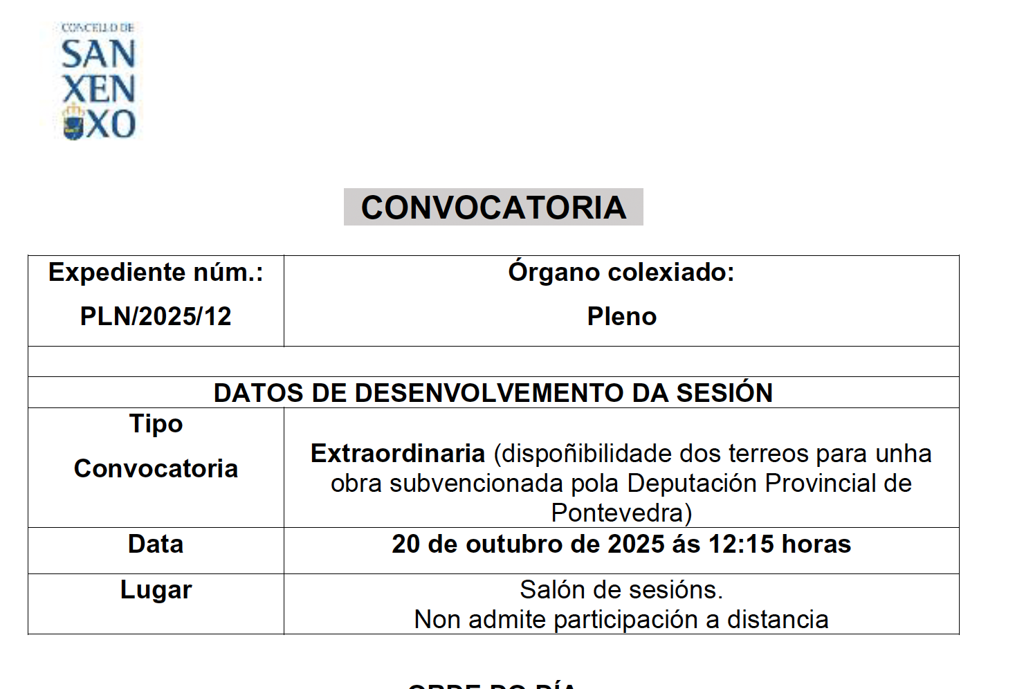CONVOCATORIA SESIÓN EXTRAORDINARIA DO 20 DE OUTUBRO DE 2025