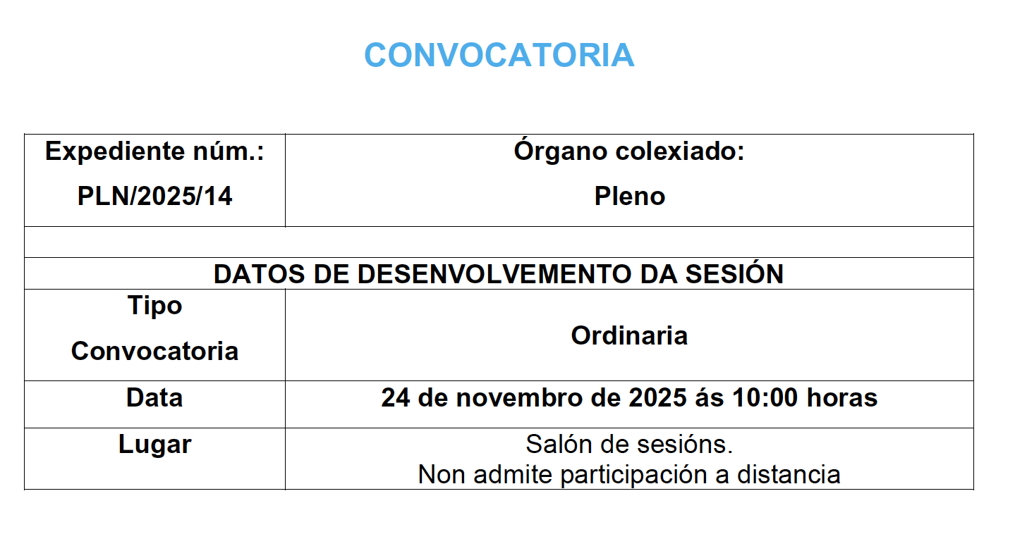 CONVOCATORIA SESIÓN ORDINARIA DO 24 DE NOVEMBRO DE 2025