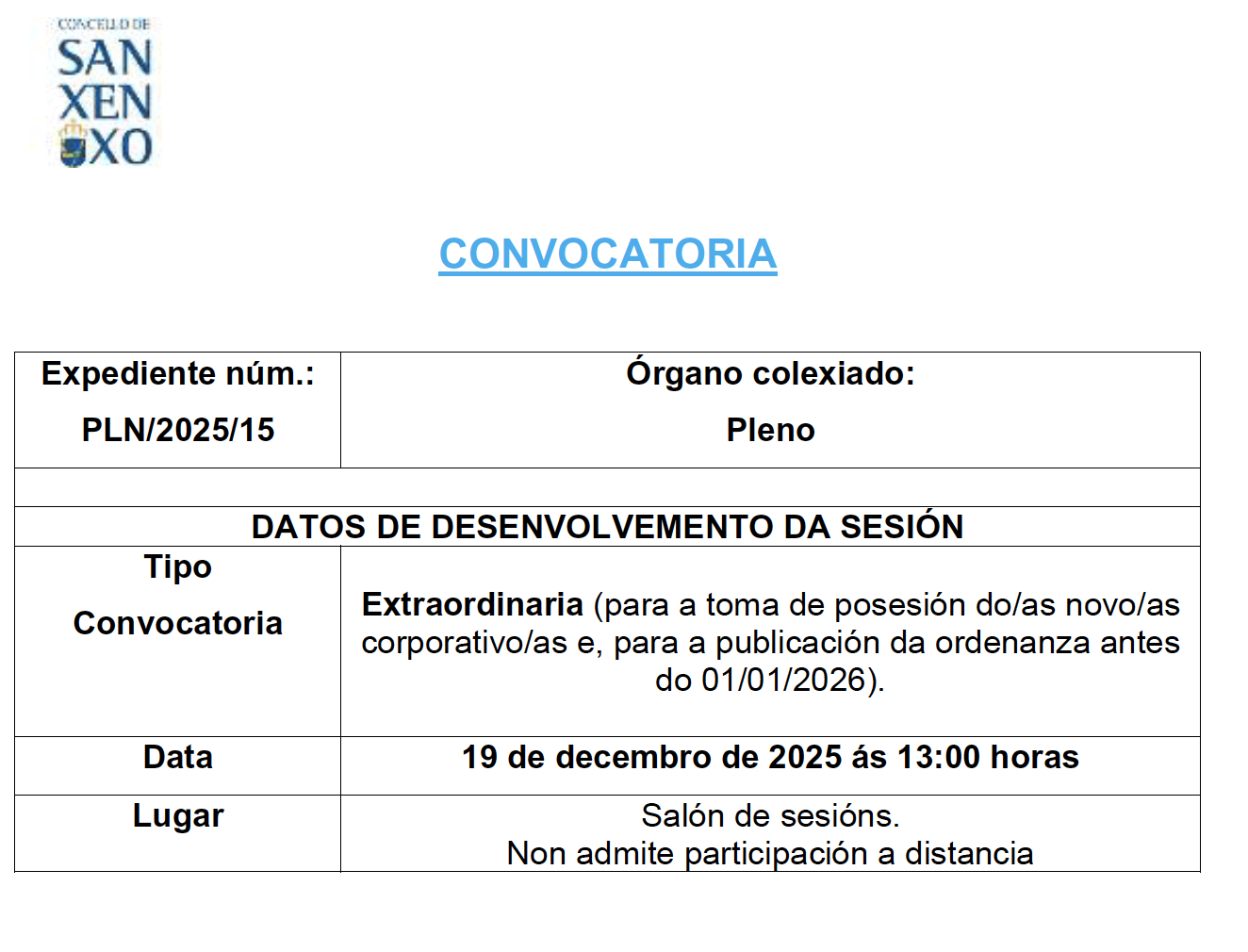 CONVOCATORIA SESIÓN EXTRAORDINARIA DO 19 DE DECEMBRO DE 2025