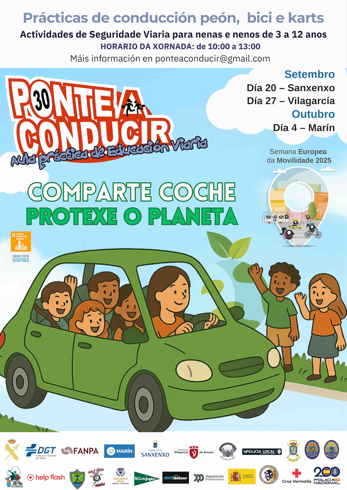 PONTE A CONDUCIR ORGANIZA EN SANXENXO UNA JORNADA DE SEGURIDAD VIAL BAJO EL LEMA “COMPARTE COCHE, PROTEXE O PLANETA”