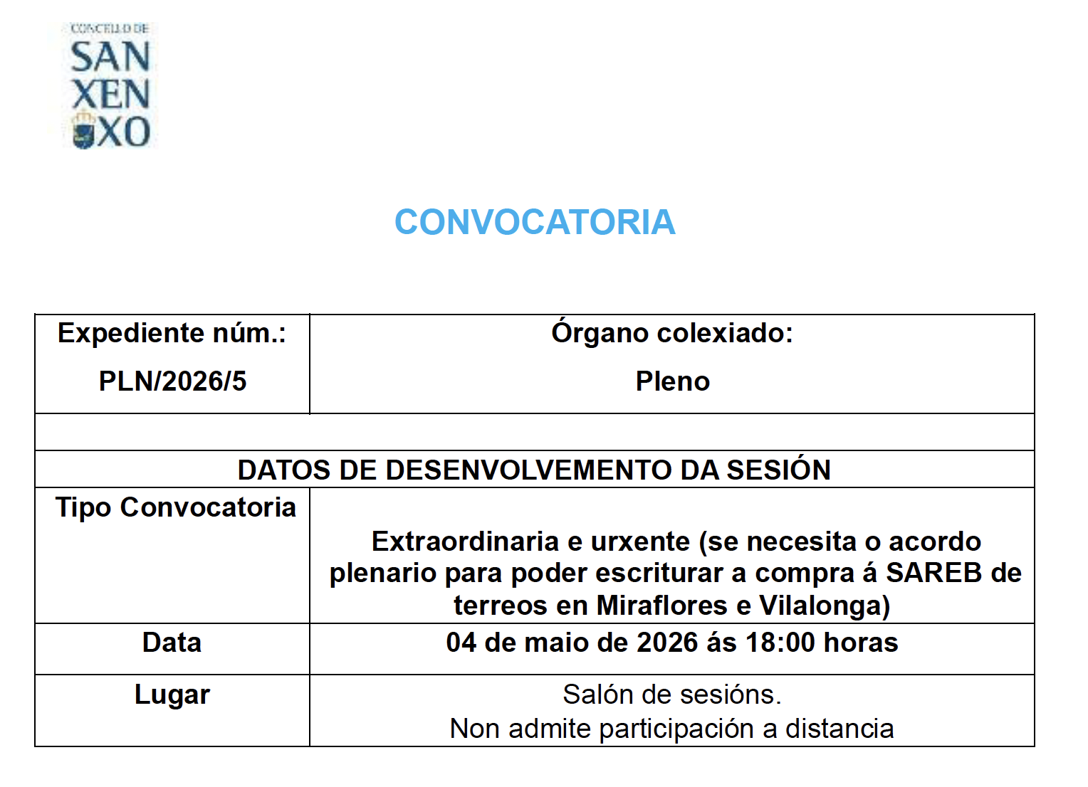CONVOCATORIA SESIÓN EXTRAORDINARIA E URXENTE DO 4 DE MAIO DE 2026